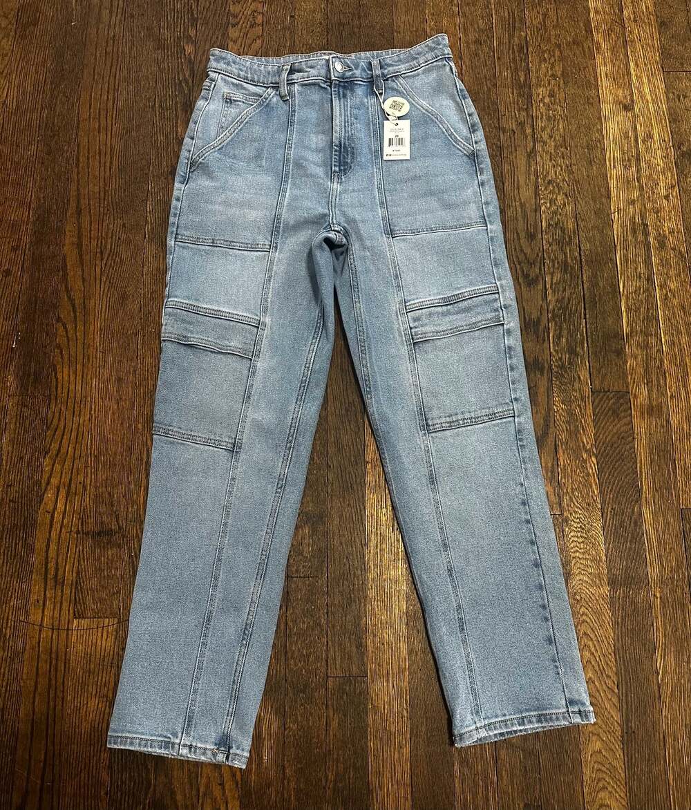 New Dex Vintage Blue Wash Paneled Utility Cargo High Rise Straight Jeans Size 29